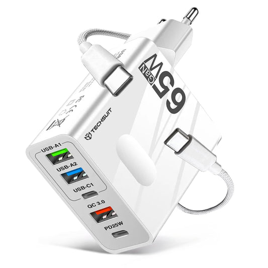 Polnilnik omrežja s kablom USB-C Techsuit CHC1 PentaXPower, 25W, 3A, 3 x USB-A - 2 x USB-C, bel
