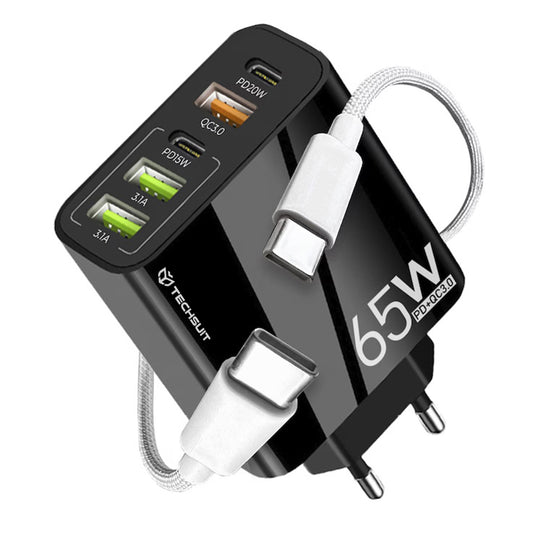 Omrežni polnilec s kablom USB-C Techsuit CHC2 PentaXPower, 20W, 3A, 3 x USB-A - 2 x USB-C, črn