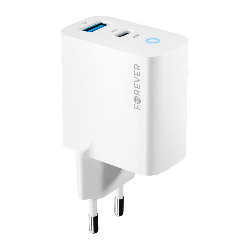Omrežni polnilnik Forever TC-06-20AC, 20 W, 3A, 1 x USB-A - 1 x USB-C, bel