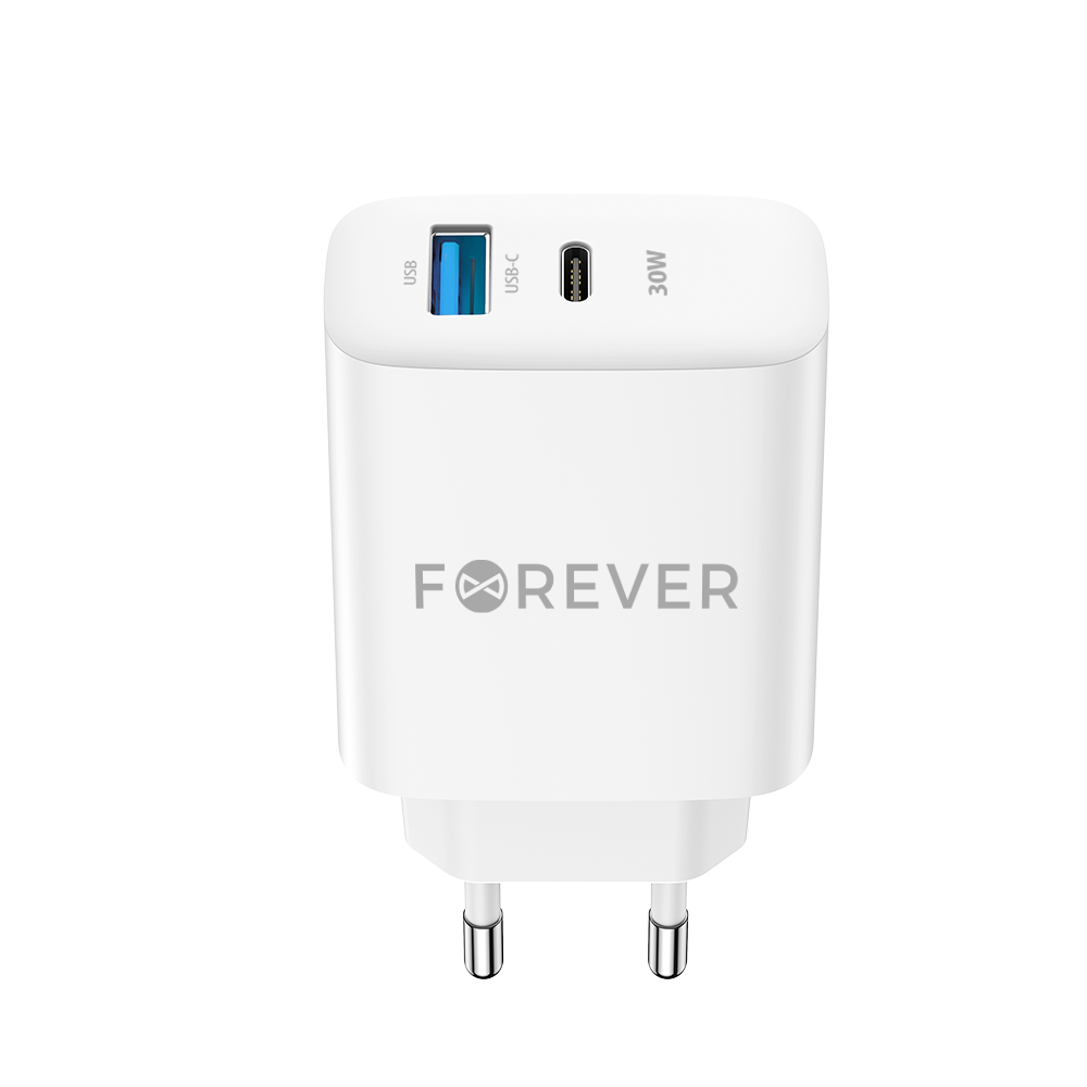 Omrežni polnilnik Forever TC-07-30AC, 30 W, 3A, 1 x USB-A - 1 x USB-C, bel