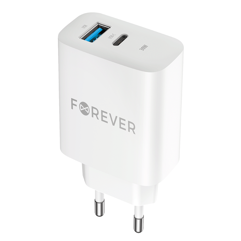 Omrežni polnilnik Forever TC-07-30AC, 30 W, 3A, 1 x USB-A - 1 x USB-C, bel