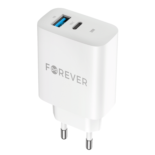 Omrežni polnilnik Forever TC-07-30AC, 30 W, 3A, 1 x USB-A - 1 x USB-C, bel