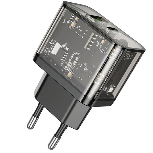 Polnilnik HOCO N34, 20W, 3A, 1 x USB-A - 1 x USB-C, Prozoren