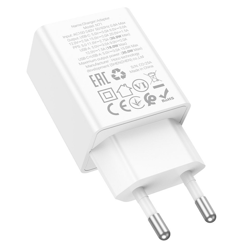 Polnilnik HOCO N71, 30W, 3A, 1 x USB-A - 1 x USB-C, Bel