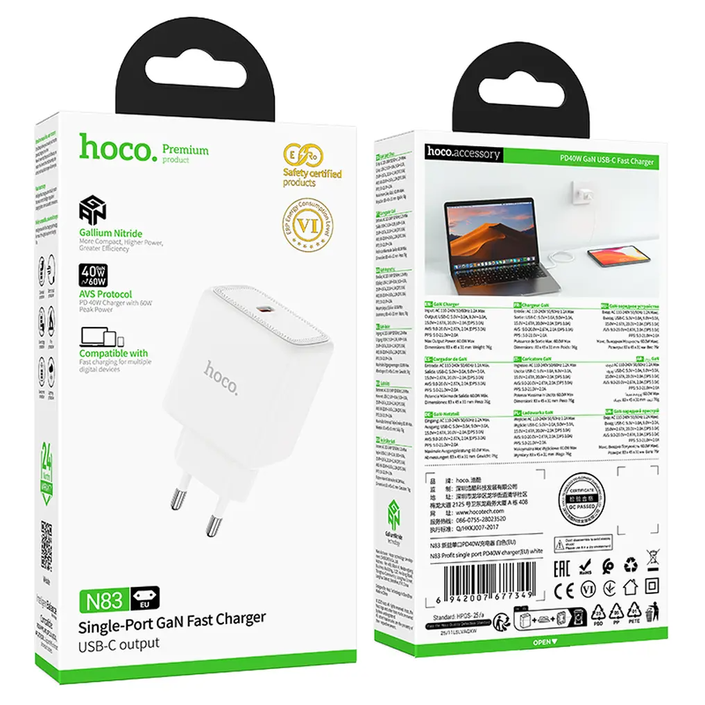 Omrežni polnilec HOCO N83, 40W, 3A, 1 x USB-C, bel