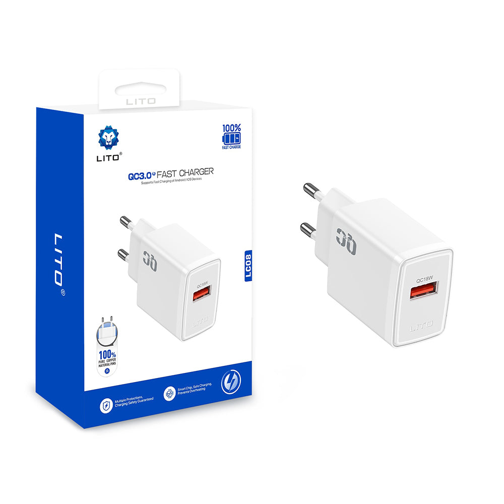 Polnilnik Lito LC08, 18W, 3A, 1 x USB-A, Bel