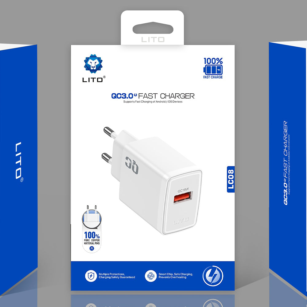 Polnilnik Lito LC08, 18W, 3A, 1 x USB-A, Bel