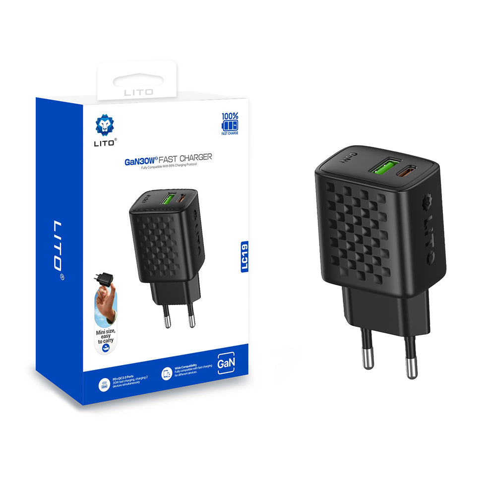 Polnilnik omrežja Lito LC19, 30W, 3A, 1 x USB-A - 1 x USB-C, črn