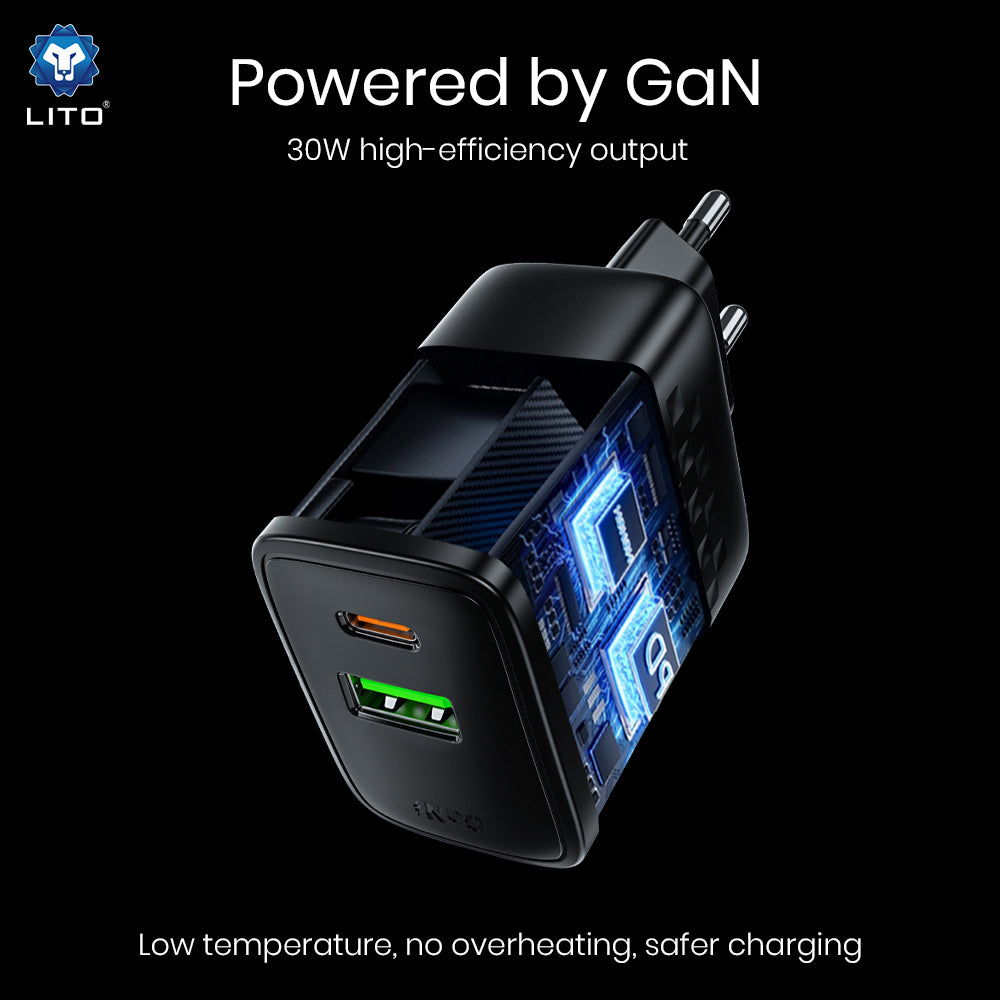 Polnilnik omrežja Lito LC19, 30W, 3A, 1 x USB-A - 1 x USB-C, črn