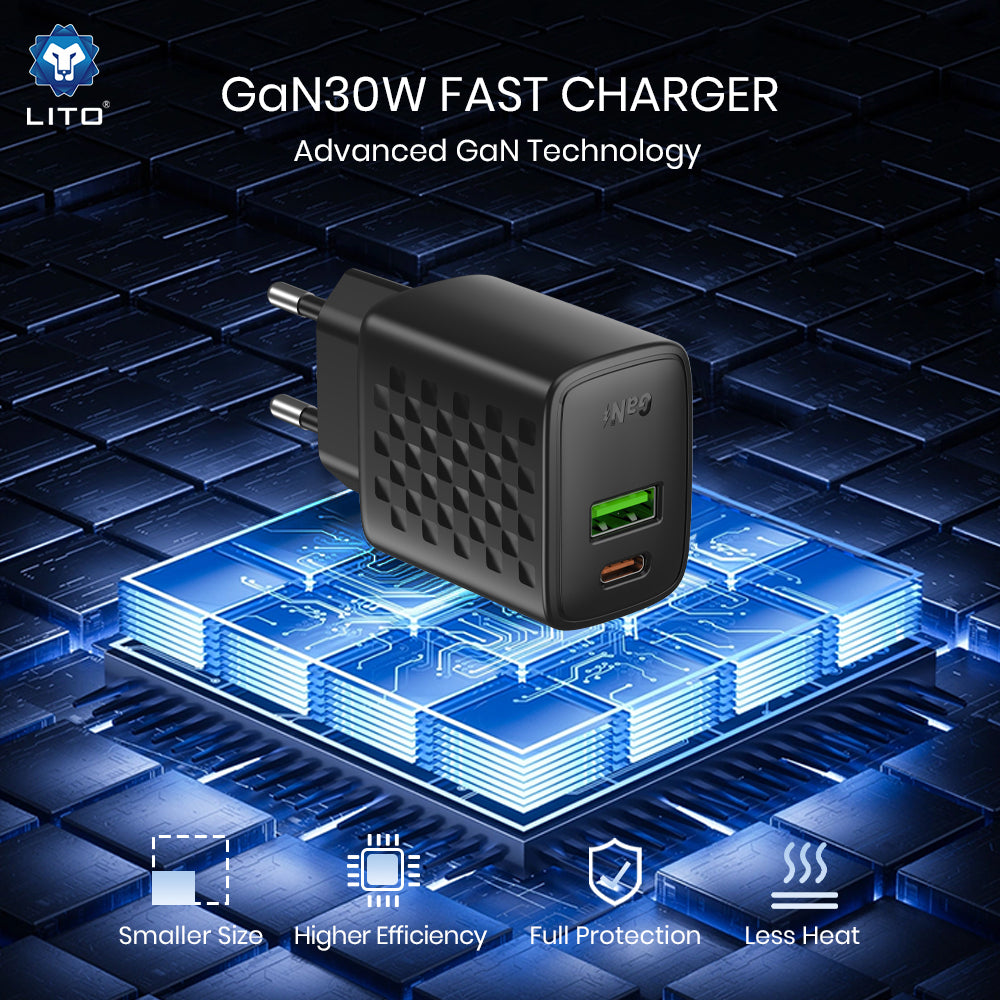 Polnilnik omrežja Lito LC19, 30W, 3A, 1 x USB-A - 1 x USB-C, črn