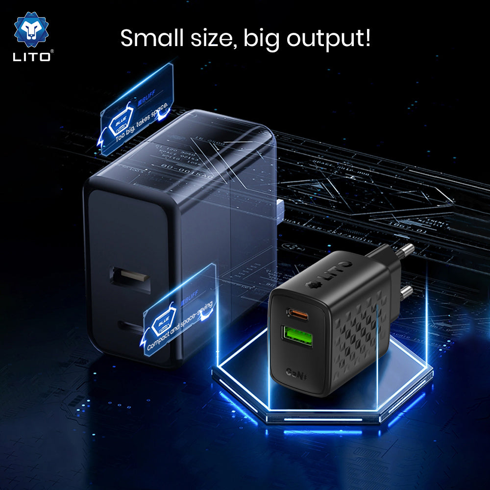 Polnilnik omrežja Lito LC24, 65W, 3.25A, 1 x USB-A - 1 x USB-C, črn