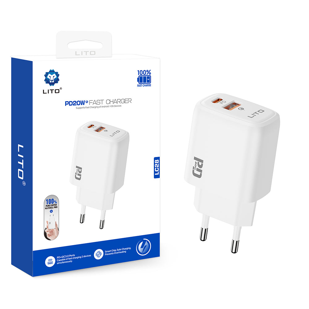 Polnilnik Lito LC28, 20W, 3A, 1 x USB-A - 1 x USB-C, Bel