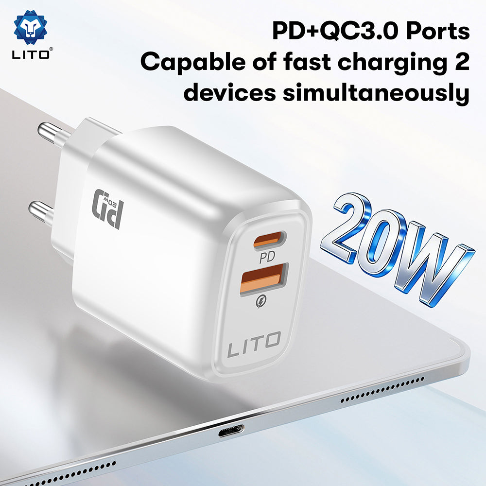 Polnilnik Lito LC28, 20W, 3A, 1 x USB-A - 1 x USB-C, Bel