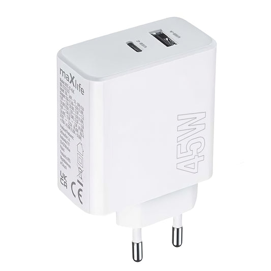 MaXlife MXTC-07-45AC omrežni polnilnik, 45 W, 3A, 1 x USB-A - 1 x USB-C, bel