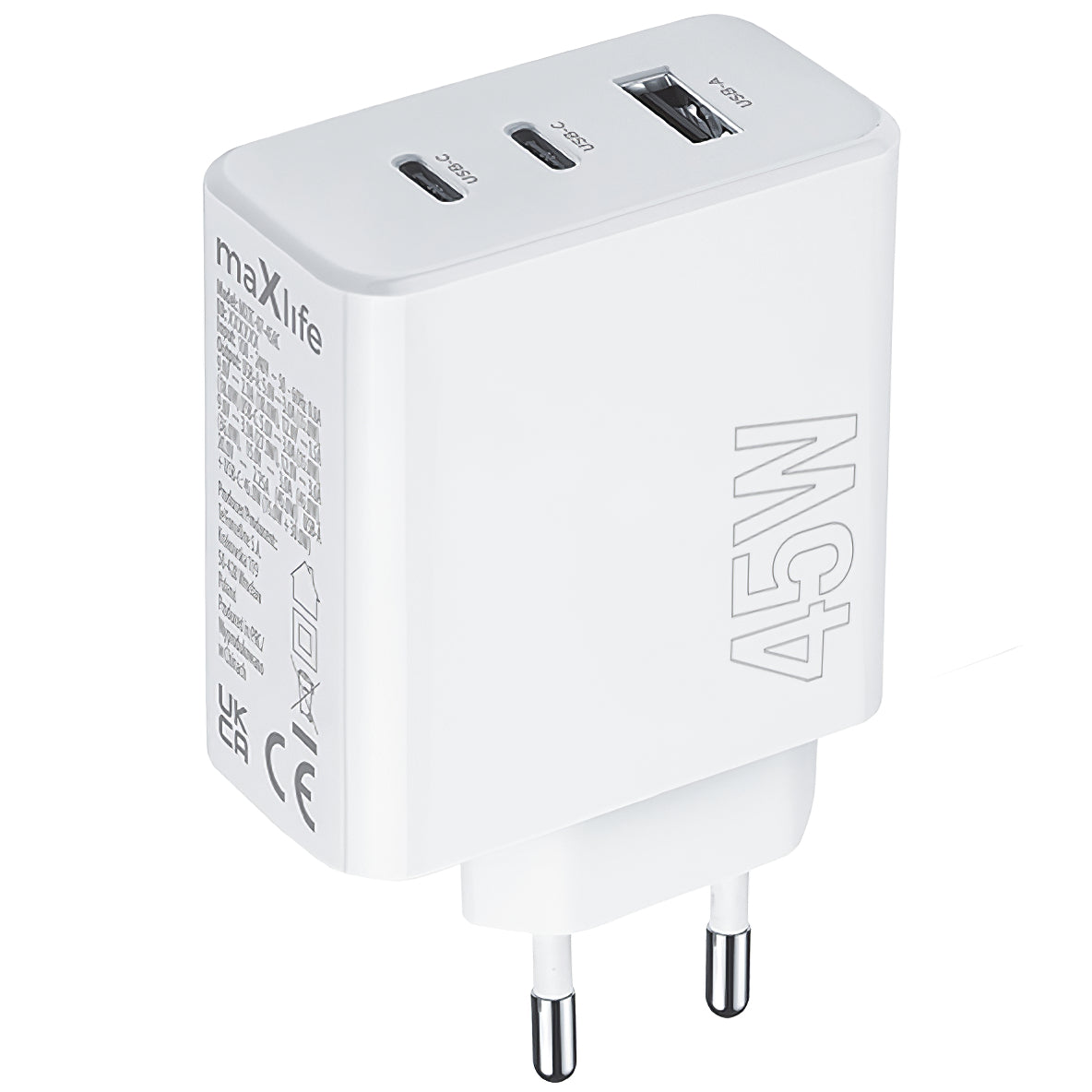MaXlife Network Charger MXTC-07-45ACC, 45W, 3A, 1 x USB-A - 2 x USB-C, White