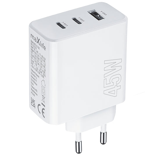 MaXlife omrežni polnilnik MXTC-07-45ACC, 45 W, 3A, 1 x USB-A - 2 x USB-C, bel