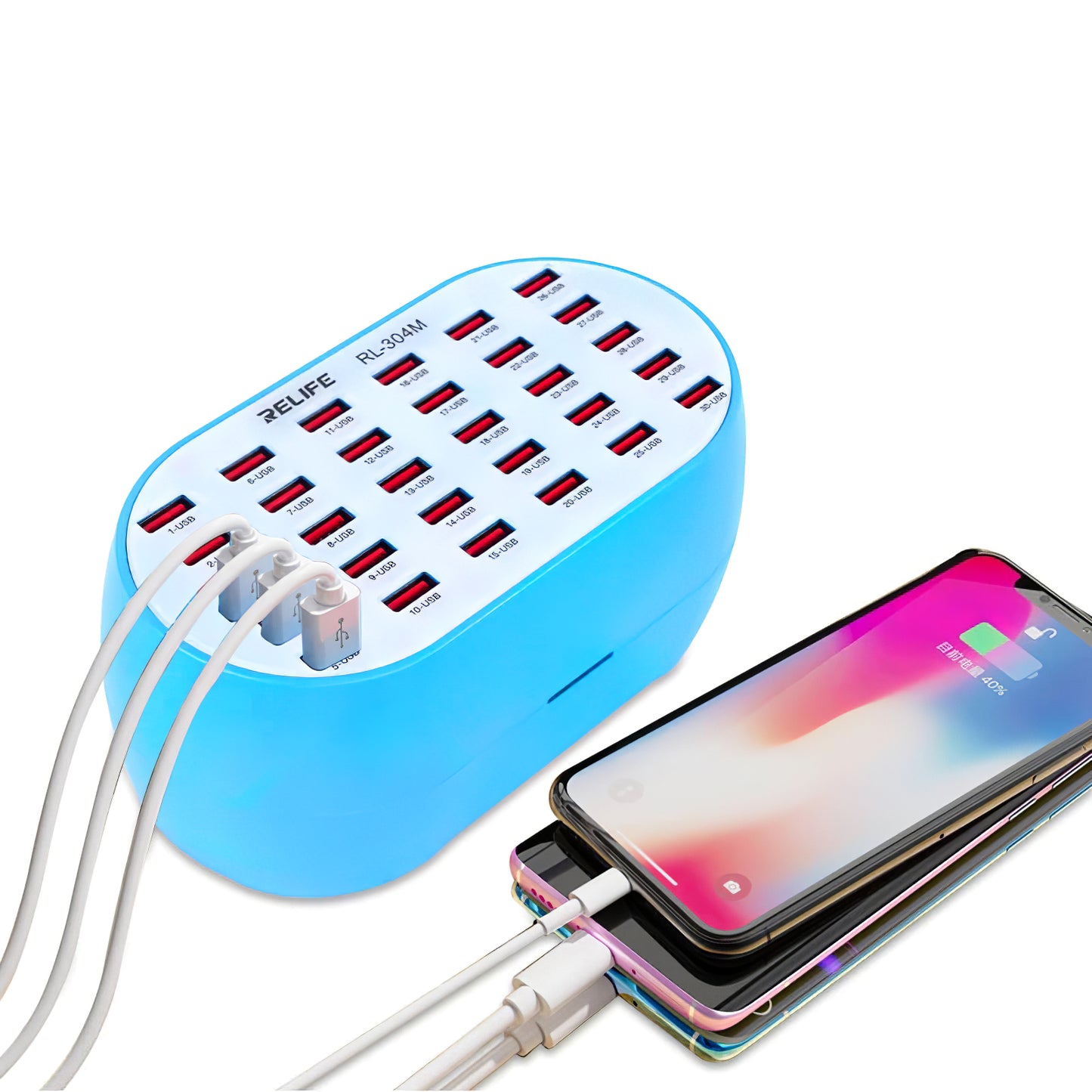 Relife RL-304M Polnilec za postaje RL-304M, 160 W, 2,4 A, 30 x USB-A, modri