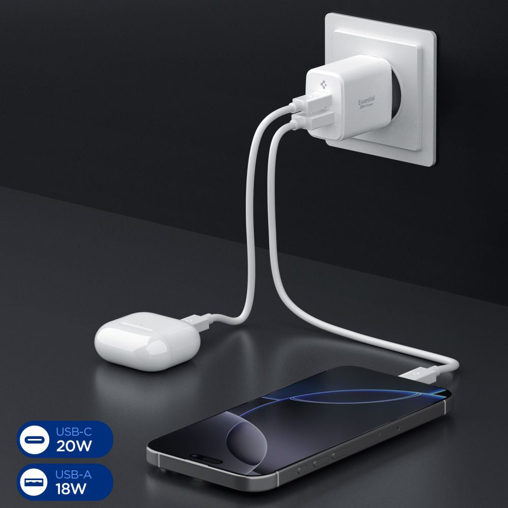 Polnilnik Spigen Essential, 20W, 3A, 1 x USB-A - 1 x USB-C, bel