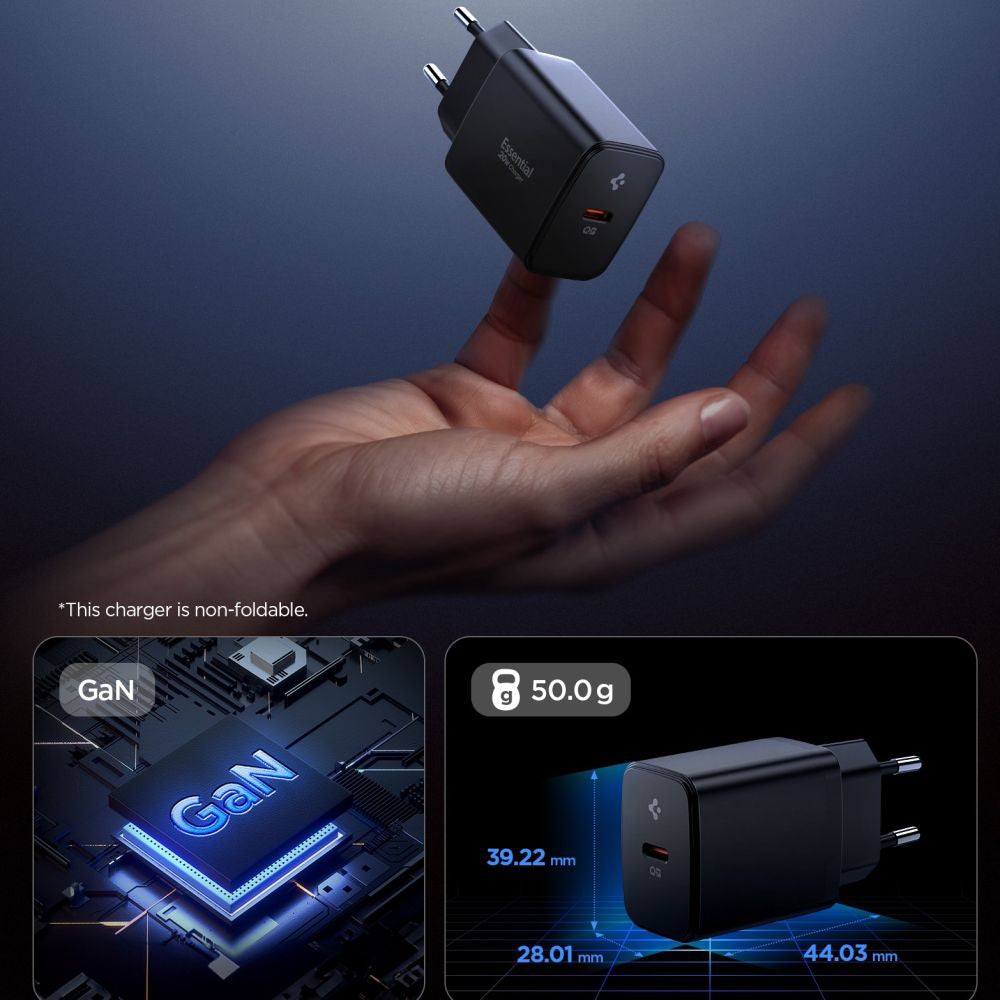 Polnilnik Spigen Essential, 20W, 3A, 1 x USB-C, črn