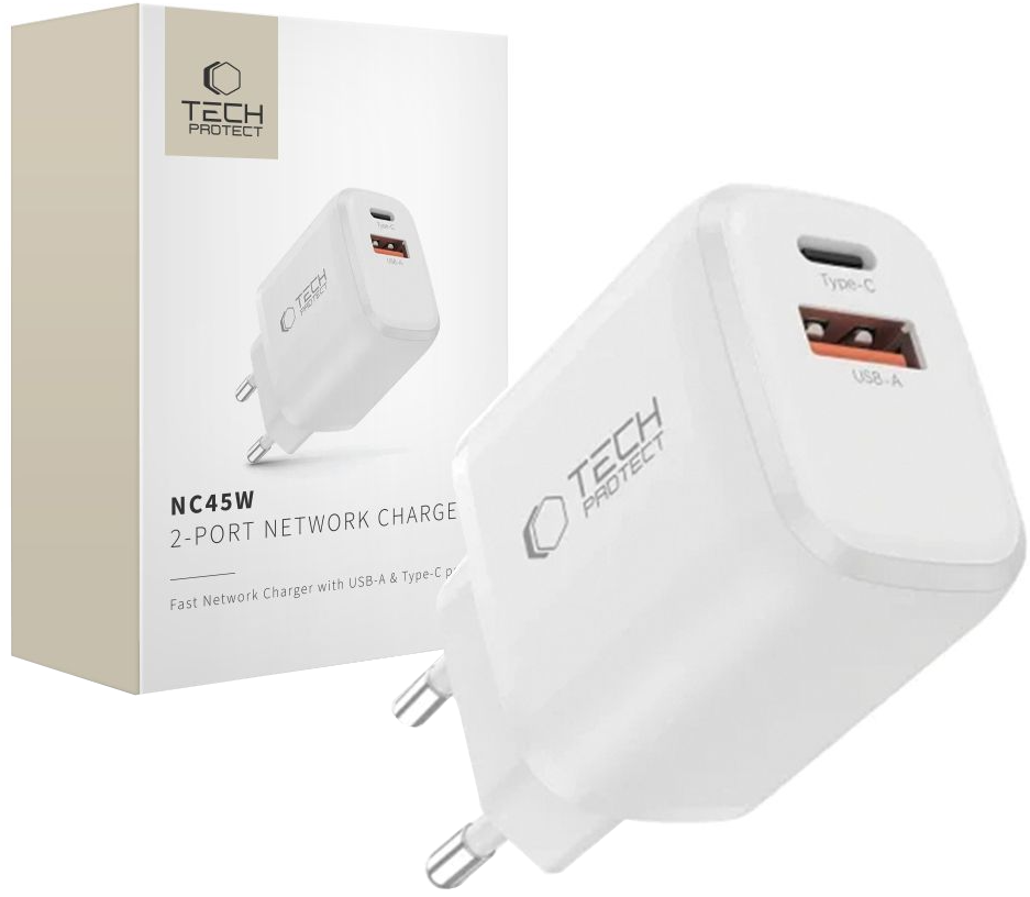 Polnilnik omrežja Tech-Protect NCA45W, 45W, 3A, 1 x USB-A - 1 x USB-C, Bel