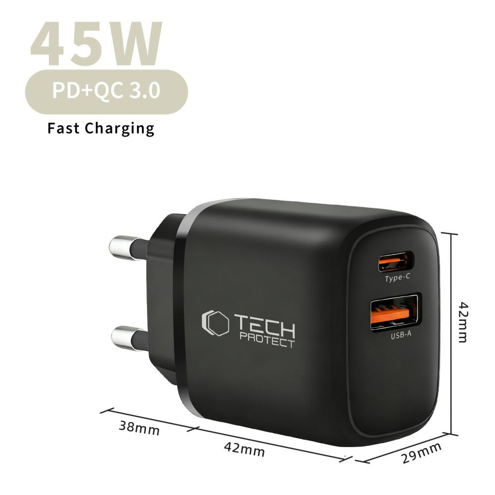 Polnilnik omrežja Tech-Protect NCA45W, 45W, 3A, 1 x USB-A - 1 x USB-C, Črn