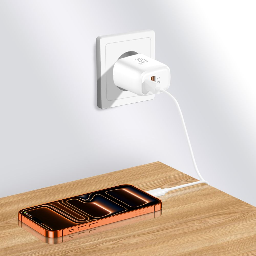 Polnilnik omrežja Tech-Protect NCA45W, 45W, 3A, 1 x USB-A - 1 x USB-C, Bel