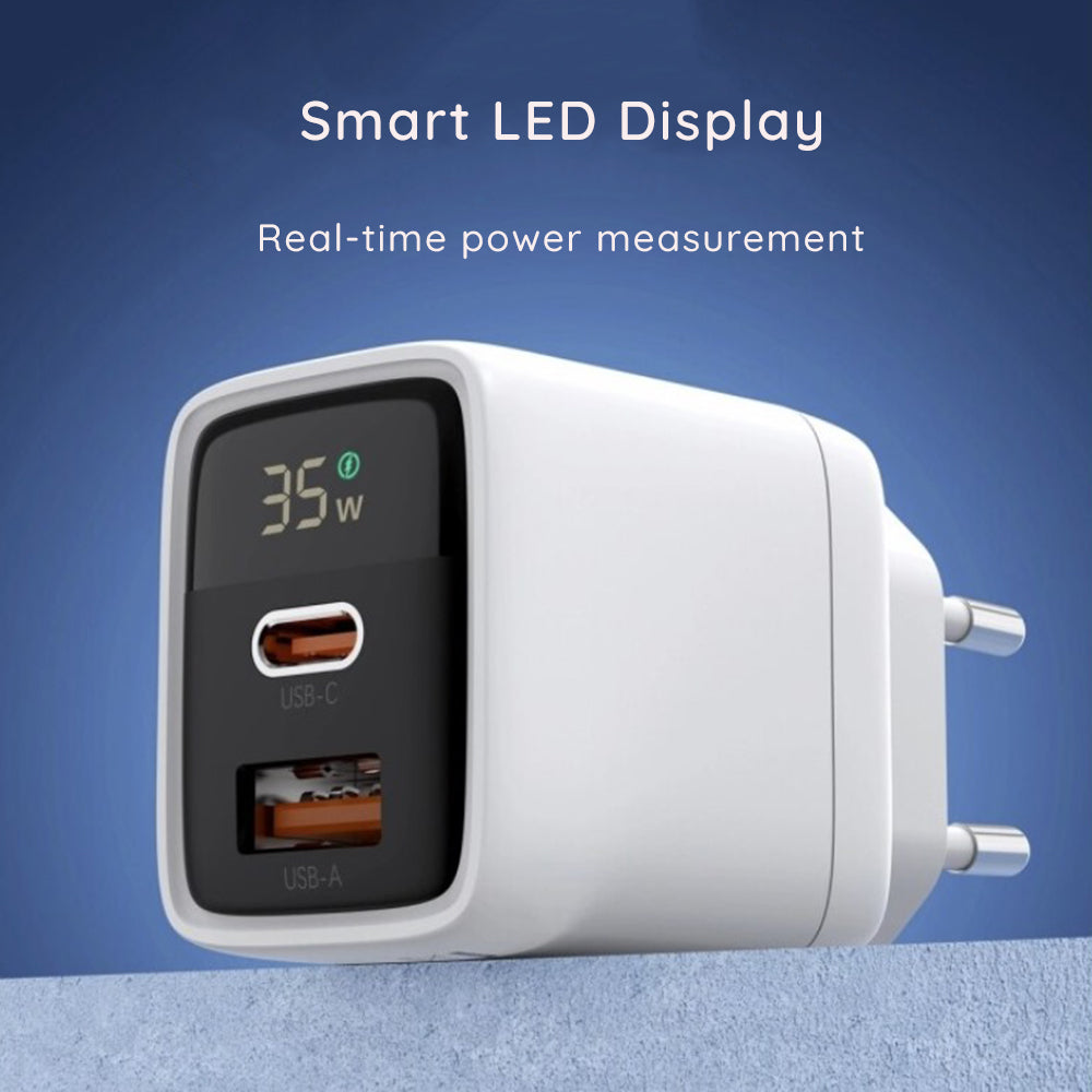 Polnilnik Techsuit CH3 LEDChargX Display, 35W, 3A, 1 x USB-A - 1 x USB-C, Bel