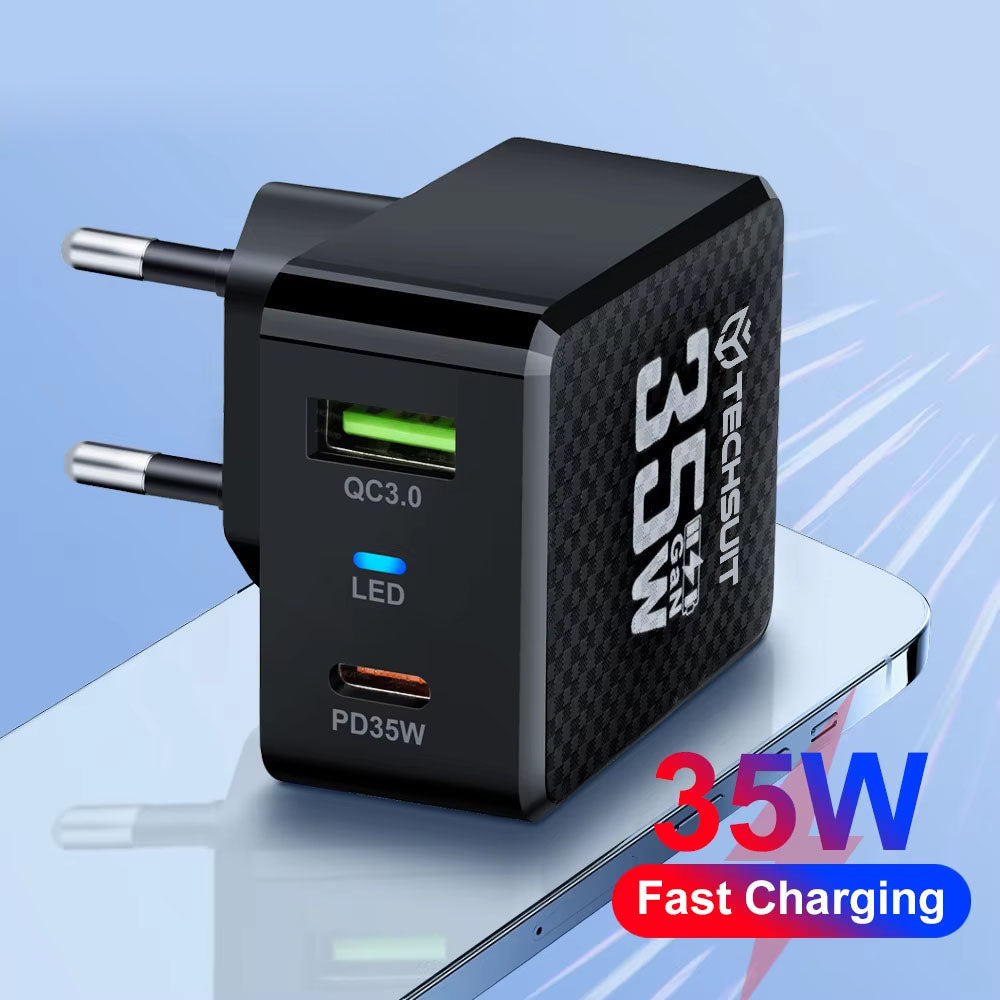 Omrežni polnilec Techsuit CHPD173 Tiny, 35W, 3A, 1 x USB-A - 1 x USB-C, črn