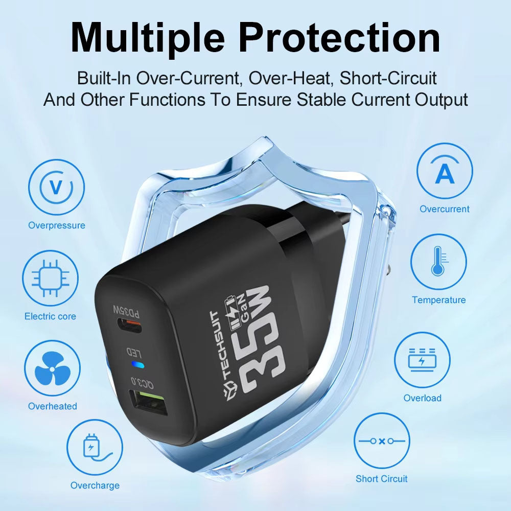 Polnilnik Techsuit CHPD174, 35W, 3A, 1 x USB-A - 1 x USB-C, bel
