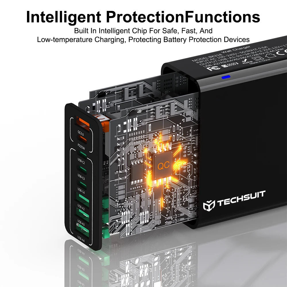 Polnilnik Techsuit CHPD224, 65W, 3.25A, 4 x USB-A - 4 x USB-C, črn