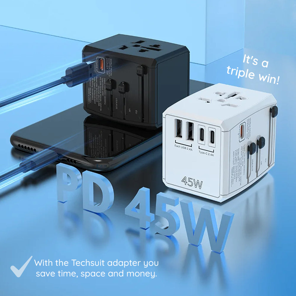 Polnilnik Techsuit HHT905 Travel, 45W, 3A, 2 x USB-A - 2 x USB-C, črn