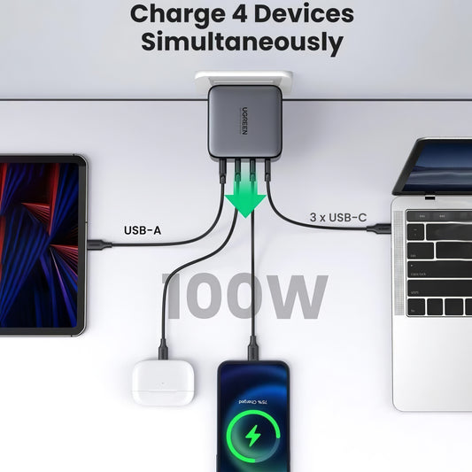 Mrežni polnilnik UGREEN CD226, 100 W, 3A, 1 x USB-A - 3 x USB-C, črn