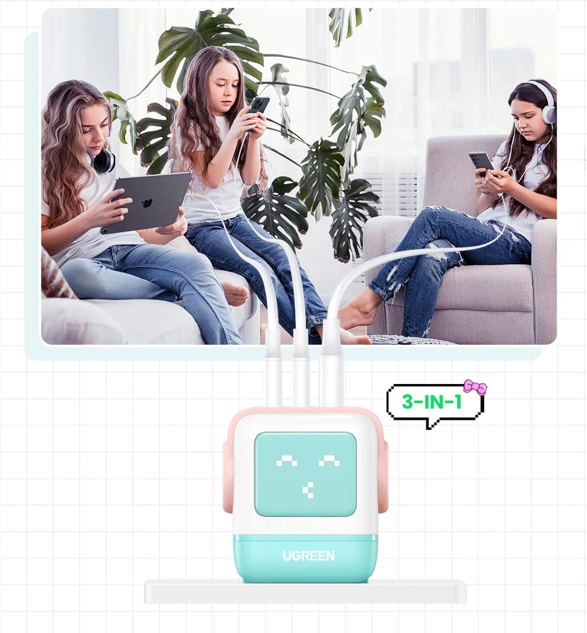 Polnilnik UGREEN CD361 Uno, 65W, 3.25A, 1 x USB-A - 2 x USB-C, Turkizna