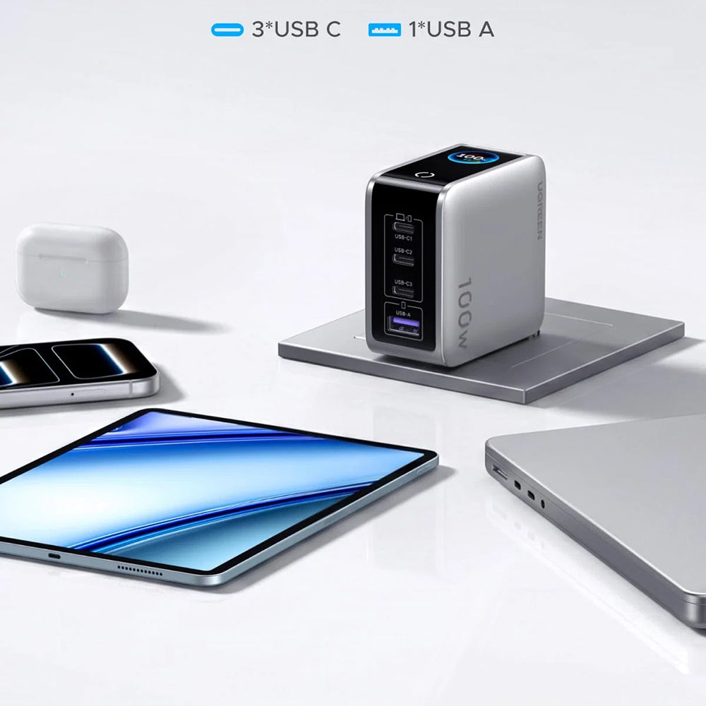 Omrežni polnilnik UGREEN Nexode Pro X772 (95942B) z zaslonom, 100 W, 5 A, 1 × USB-A – 3 × USB-C, siv