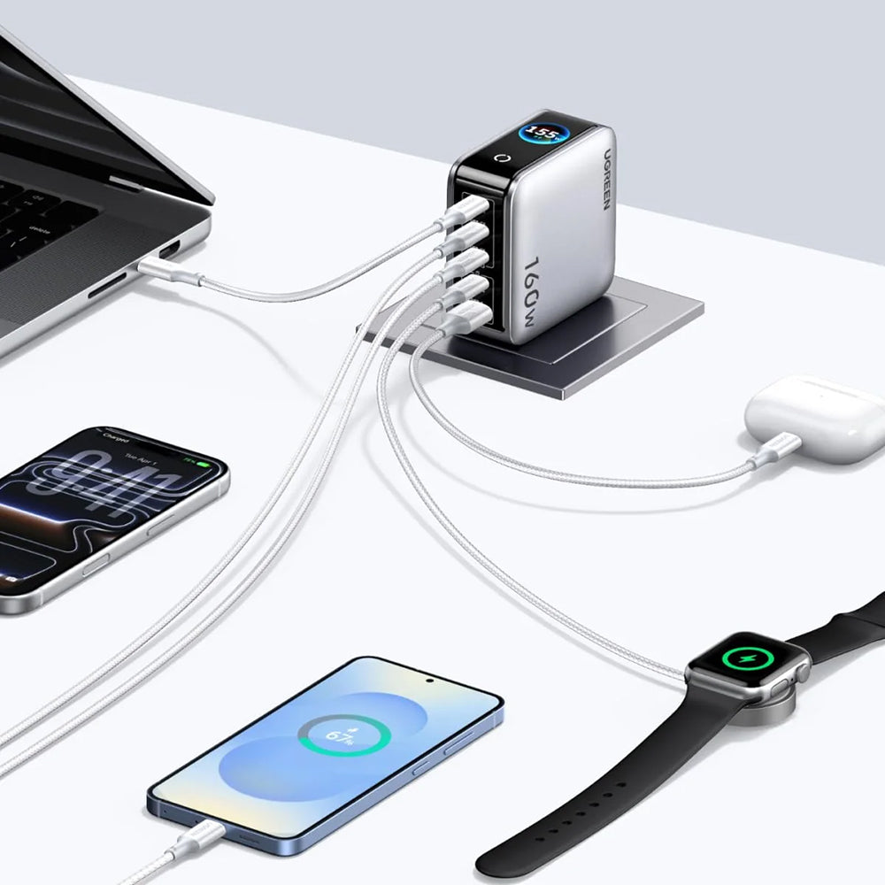 Omrežni polnilnik UGREEN Nexode Pro X774 (65637B) z zaslonom, 160 W, 5 A, 1 × USB-A – 4 × USB-C, siv