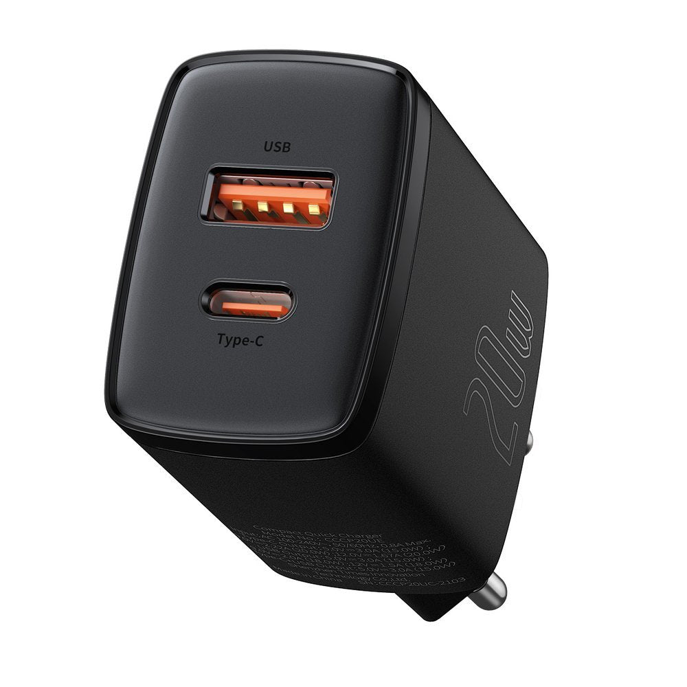 Baseus Compact Network Charger, 20 W, 3A, 1 x USB-A - 1 x USB-C, črn CCXJ-B01