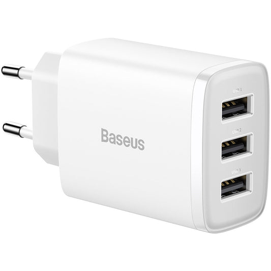 Omrežni polnilnik Baseus Compact 3U, 17 W, 2,1 A, 3 x USB-A, bel CCXJ020102