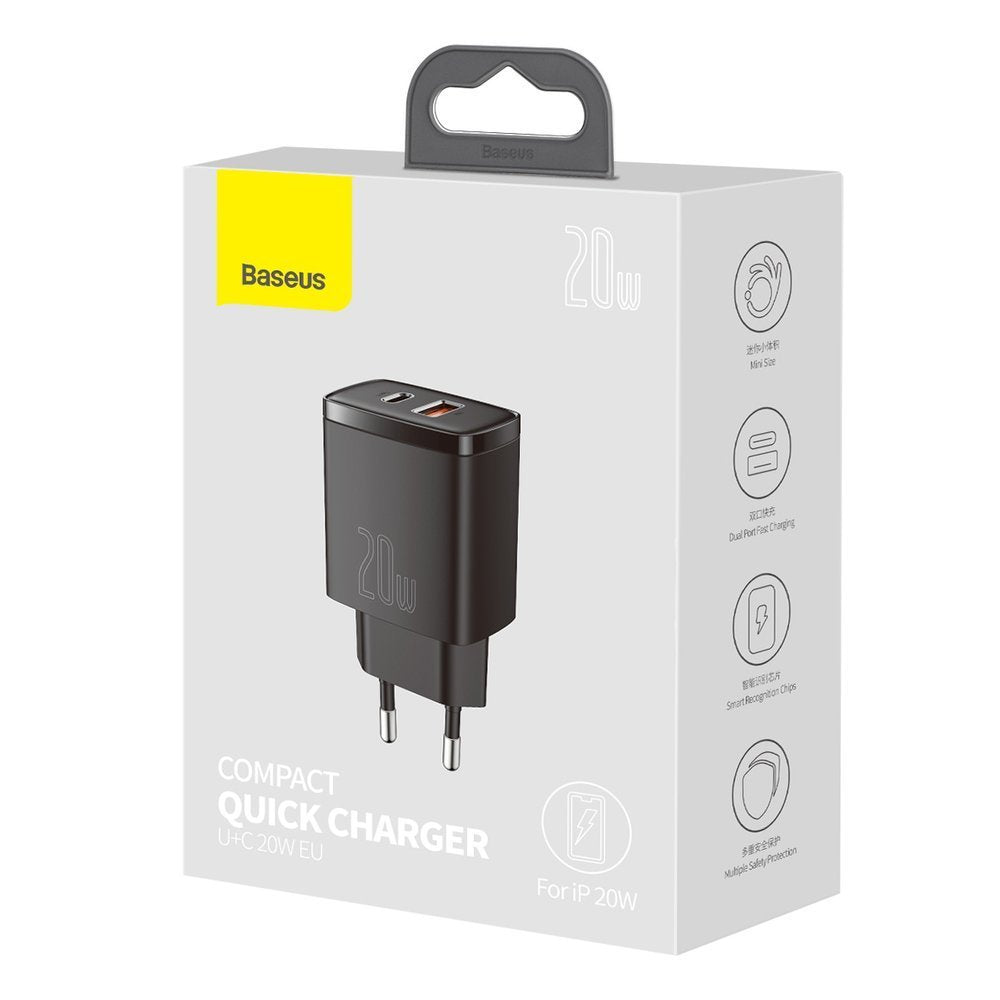 Baseus Compact Network Charger, 20 W, 3A, 1 x USB-A - 1 x USB-C, črn CCXJ-B01