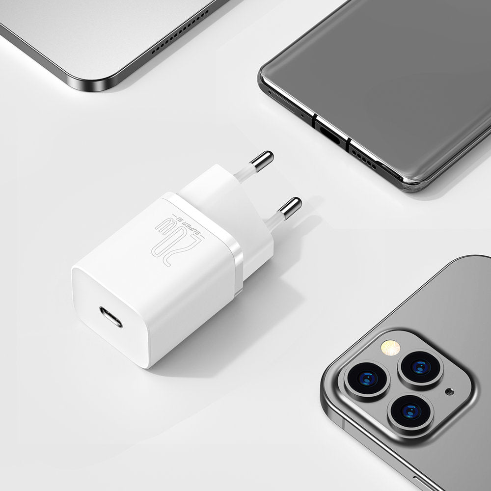 Baseus Super Si omrežni polnilnik, 20 W, 3 A, 1 x USB-C, bel CCSUP-B02