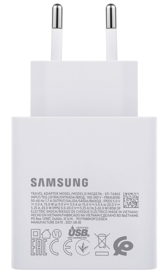 Omrežni polnilnik Samsung EP-TA865W, 65 W, 3,25 A, 1 x USB-C, bel GP-PTU020SODWQ