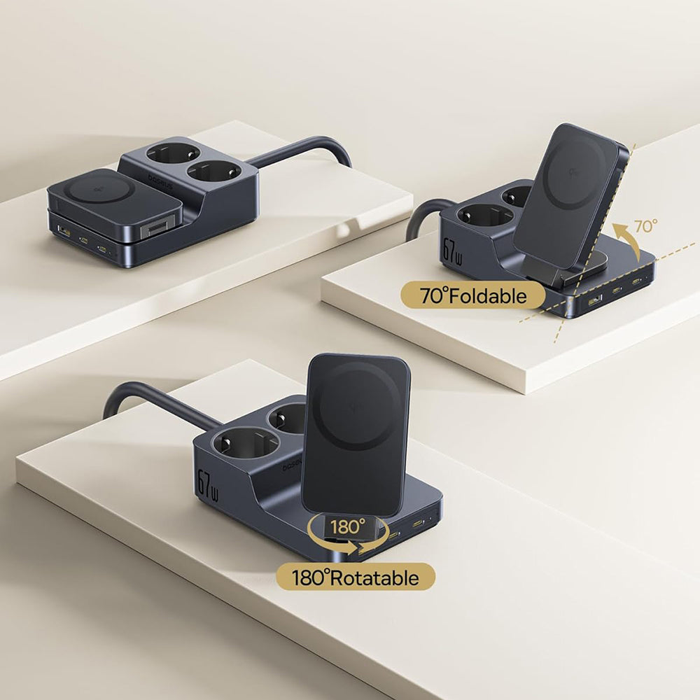 Polnilna postaja Baseus Nomos ND11 QI 6v1, 67W, 3.35A, 1 x USB-A - 2 x USB-C - 2 x Schuko, Črna P80015804213-00