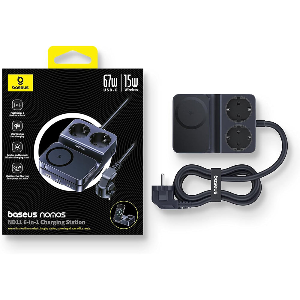 Polnilna postaja Baseus Nomos ND11 QI 6v1, 67W, 3.35A, 1 x USB-A - 2 x USB-C - 2 x Schuko, Črna P80015804213-00