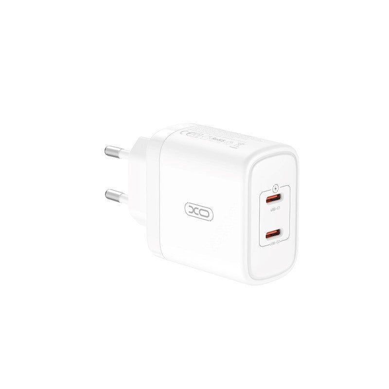 Omrežni polnilnik XO Design CE08, 50 W, 3A, 2 x USB-C, bel