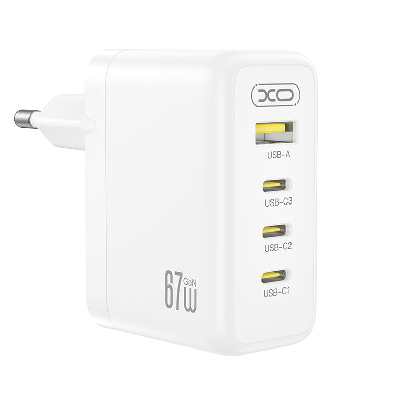 Omrežni polnilec XO Design CE39, 67W, 3A, 1 x USB-A - 3 x USB-C, Bel