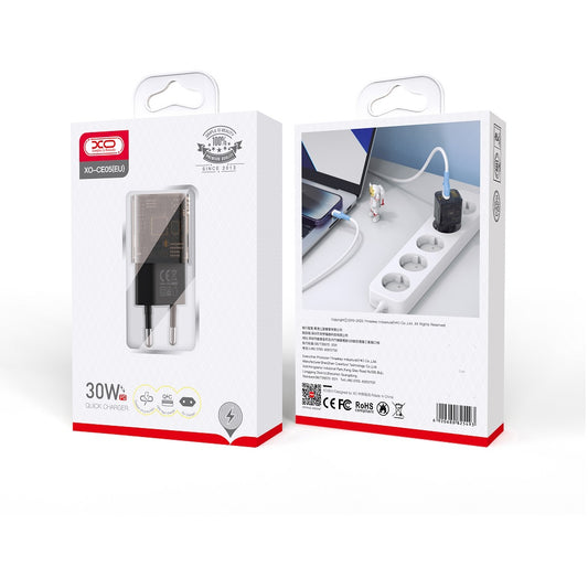 Polnilnik omrežja XO Design CE05, 30W, 3A, 1 x USB-A - 1 x USB-C, Rjava
