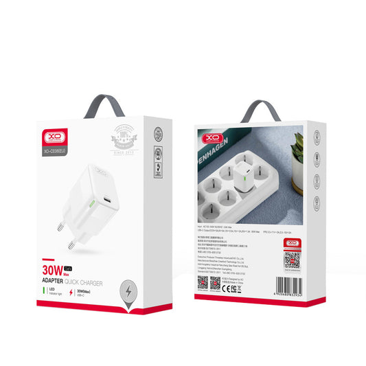 Polnilnik omrežja XO Design CE06, 30W, 3A, 1 x USB-C, Bel