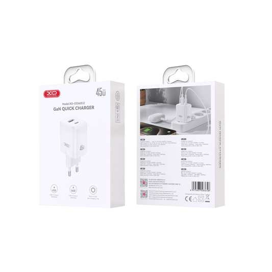 Polnilnik omrežja XO Design CE36, 45W, 3A, 1 x USB-A - 1 x USB-C, Bel