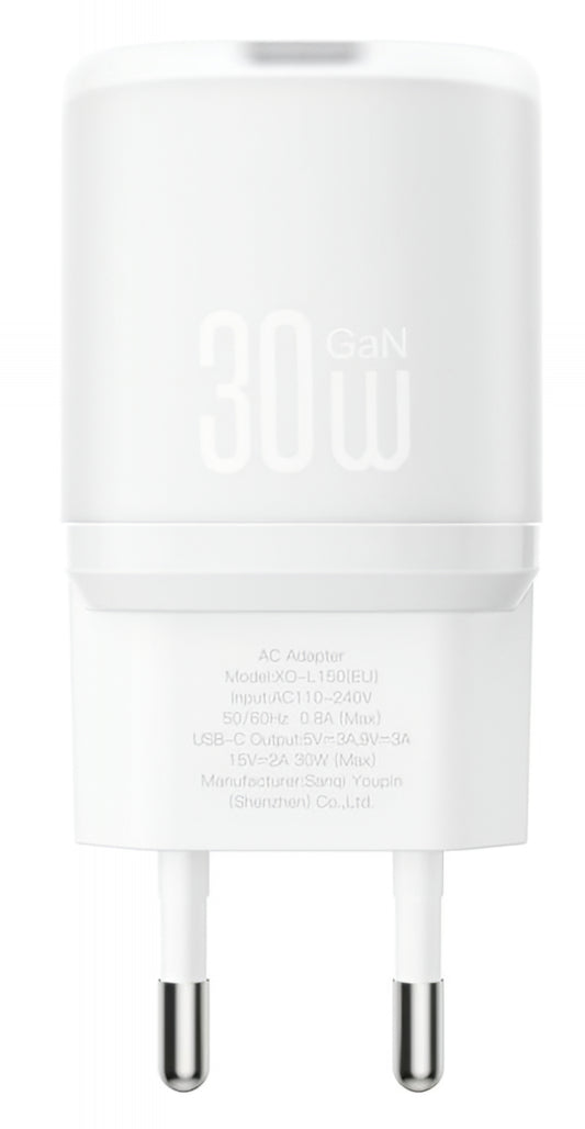 Polnilnik omrežja XO Design L150, 30W, 3A, 1 x USB-C, Bel
