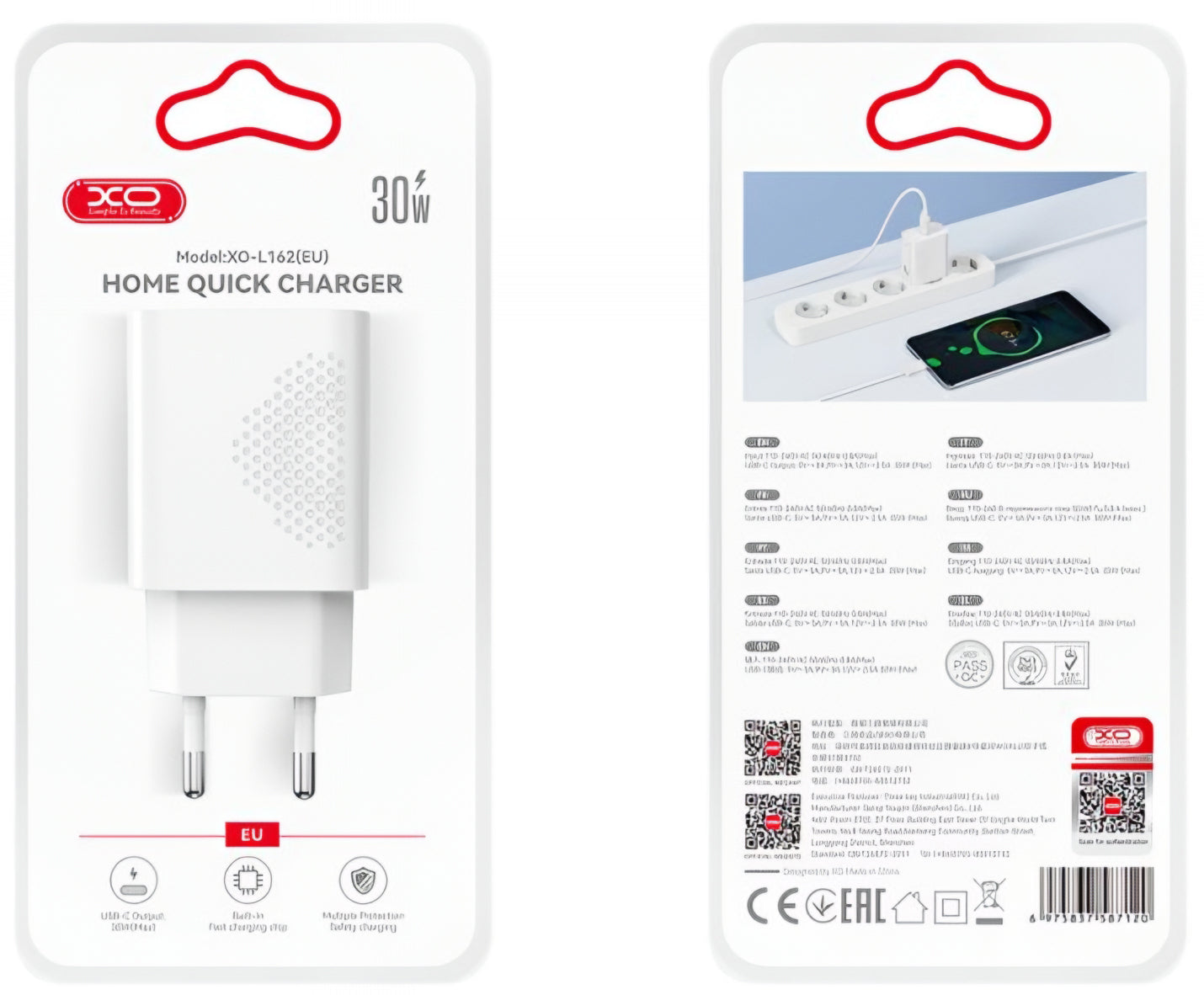 Polnilnik omrežja XO Design L162, 30W, 3A, 1 x USB-C, Bel