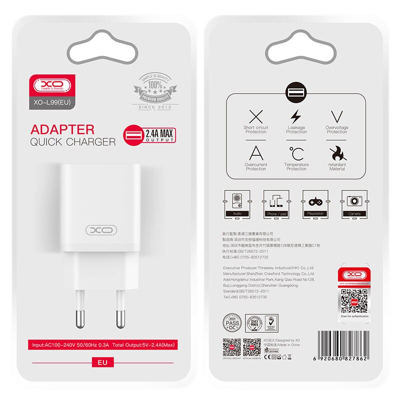 Polnilnik omrežja XO Design L99, 12W, 2.4A, 1 x USB-A, Bel